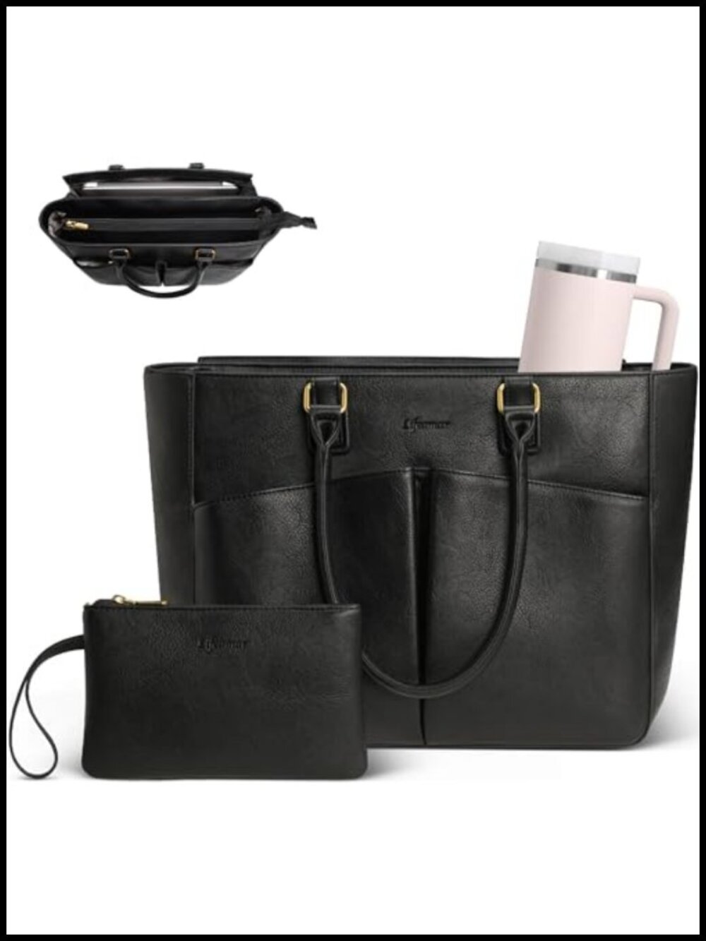 Water-Resistant PU Leather Laptop Tote Bag 15.6 Inch Work Briefcase